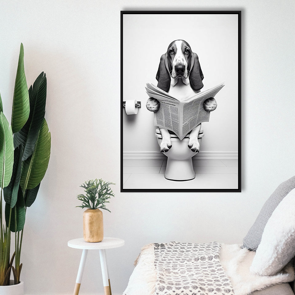 Basset Hound Framed Canvas Prints Wall Art, Funny Bathroom Decor, Basset Hound In Toilet