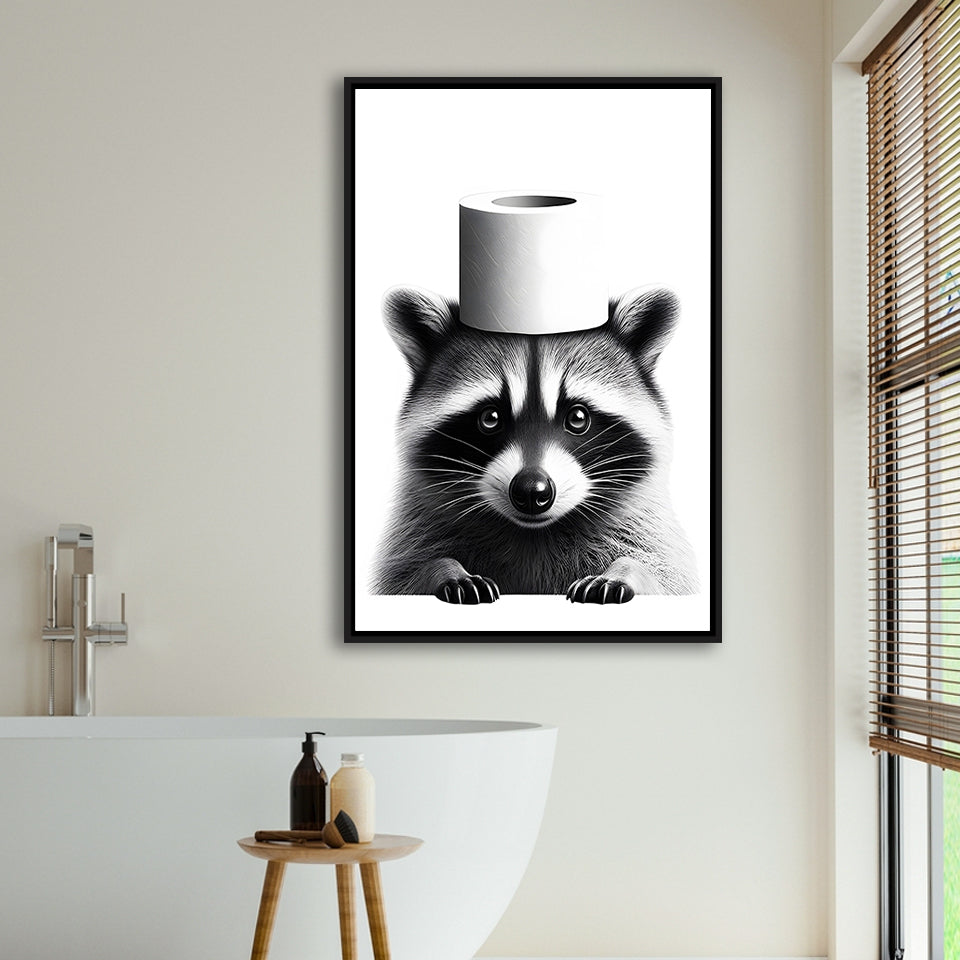Bathroom Decor Art Framed Canvas Prints Wall Art, Raccoon Art, Funny Bathroom Decor