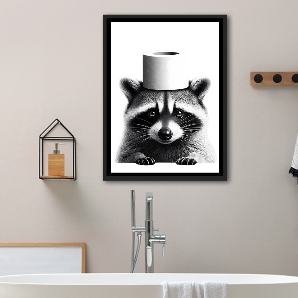 Bathroom Decor Art Framed Canvas Prints Wall Art, Raccoon Art, Funny Bathroom Decor