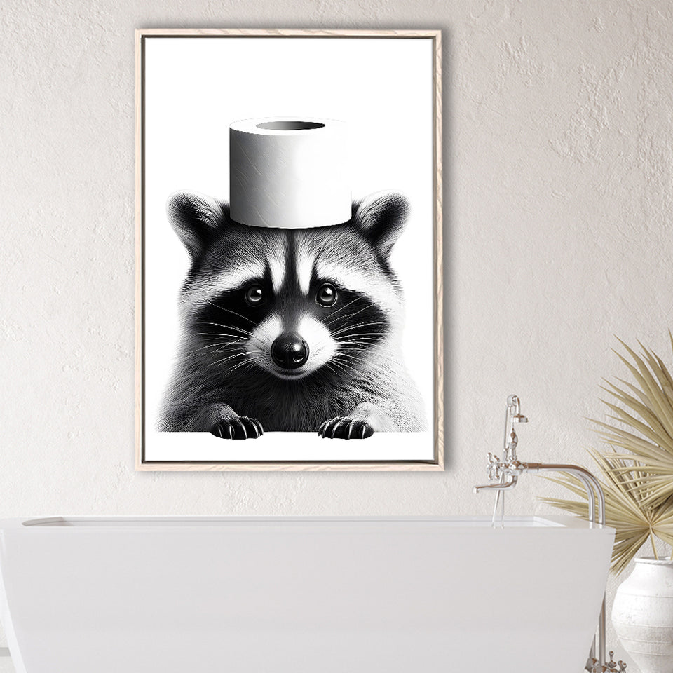 Bathroom Decor Art Framed Canvas Prints Wall Art, Raccoon Art, Funny Bathroom Decor