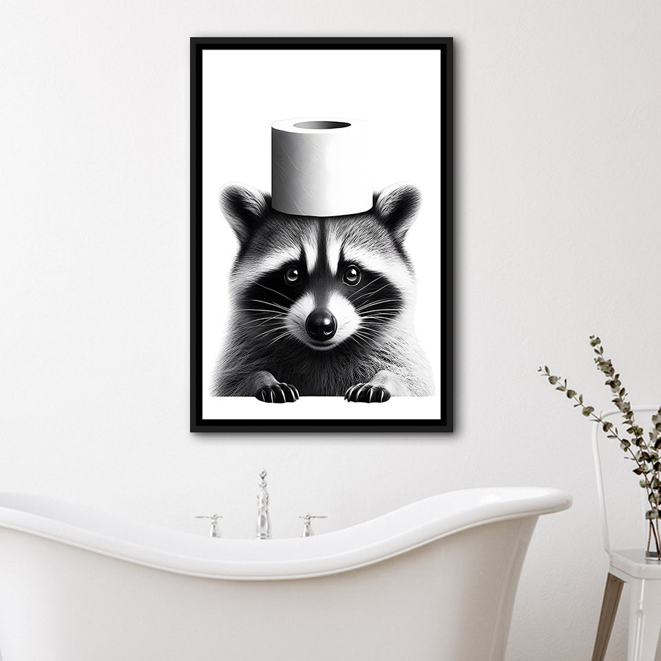 Bathroom Decor Art Framed Canvas Prints Wall Art, Raccoon Art, Funny Bathroom Decor