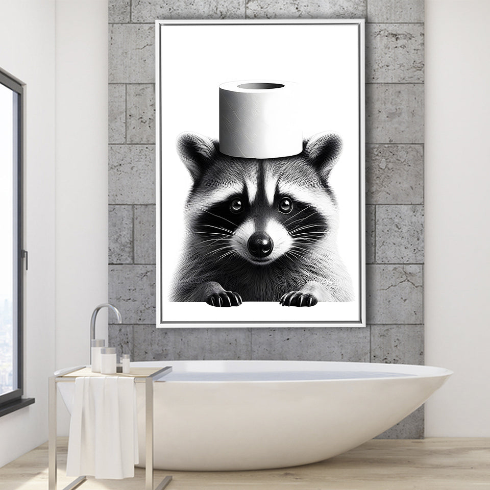 Bathroom Decor Art Framed Canvas Prints Wall Art, Raccoon Art, Funny Bathroom Decor