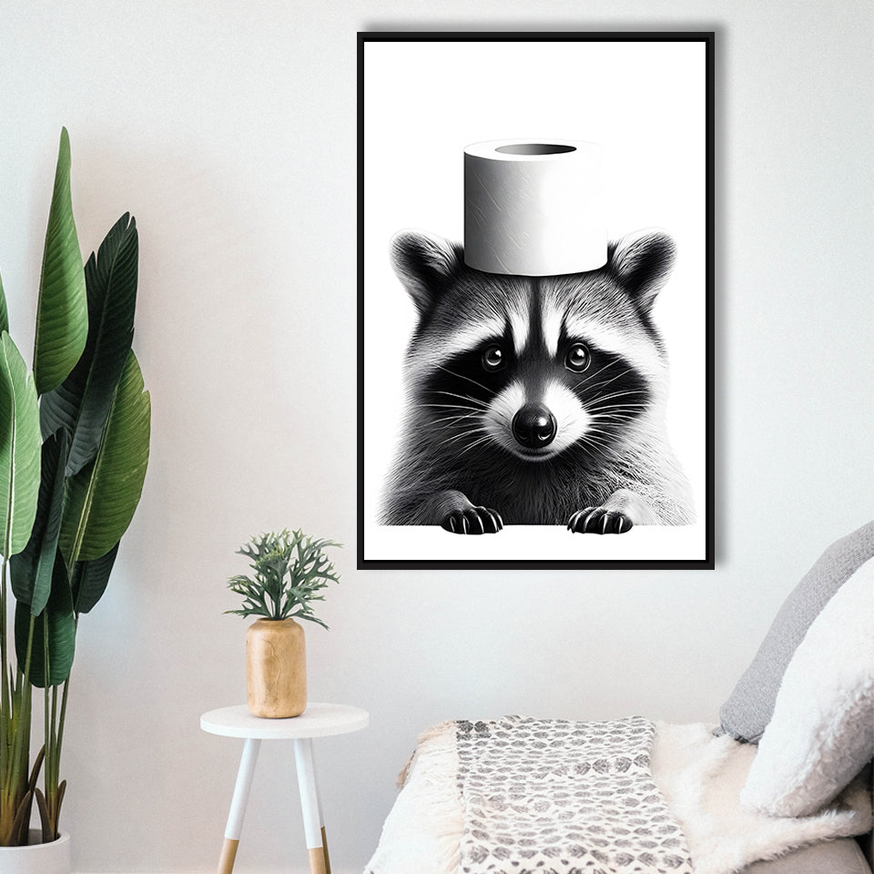 Bathroom Decor Art Framed Canvas Prints Wall Art, Raccoon Art, Funny Bathroom Decor