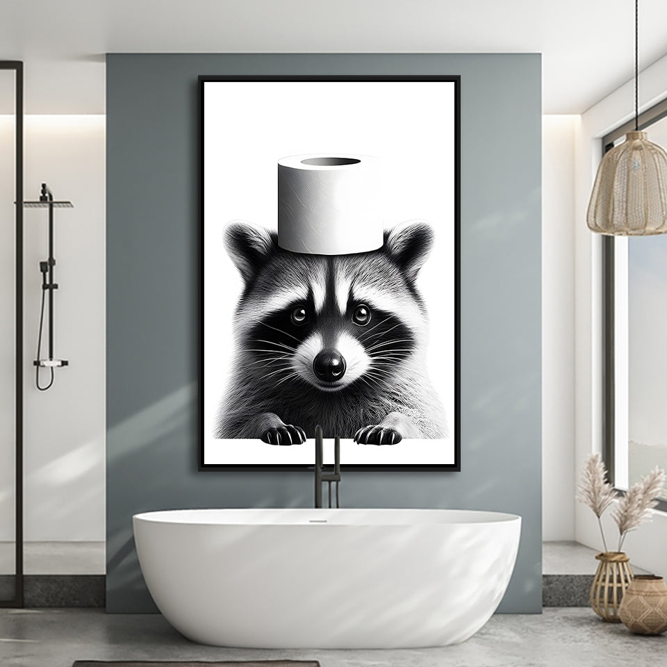 Bathroom Decor Art Framed Canvas Prints Wall Art, Raccoon Art, Funny Bathroom Decor