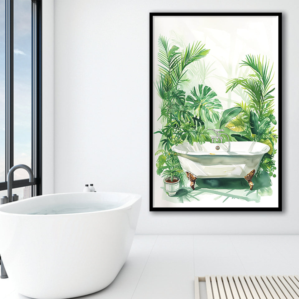 Botanical Green Tropical Leave Framed Art Print Wall Decor, Bathroom Framed Art Decor