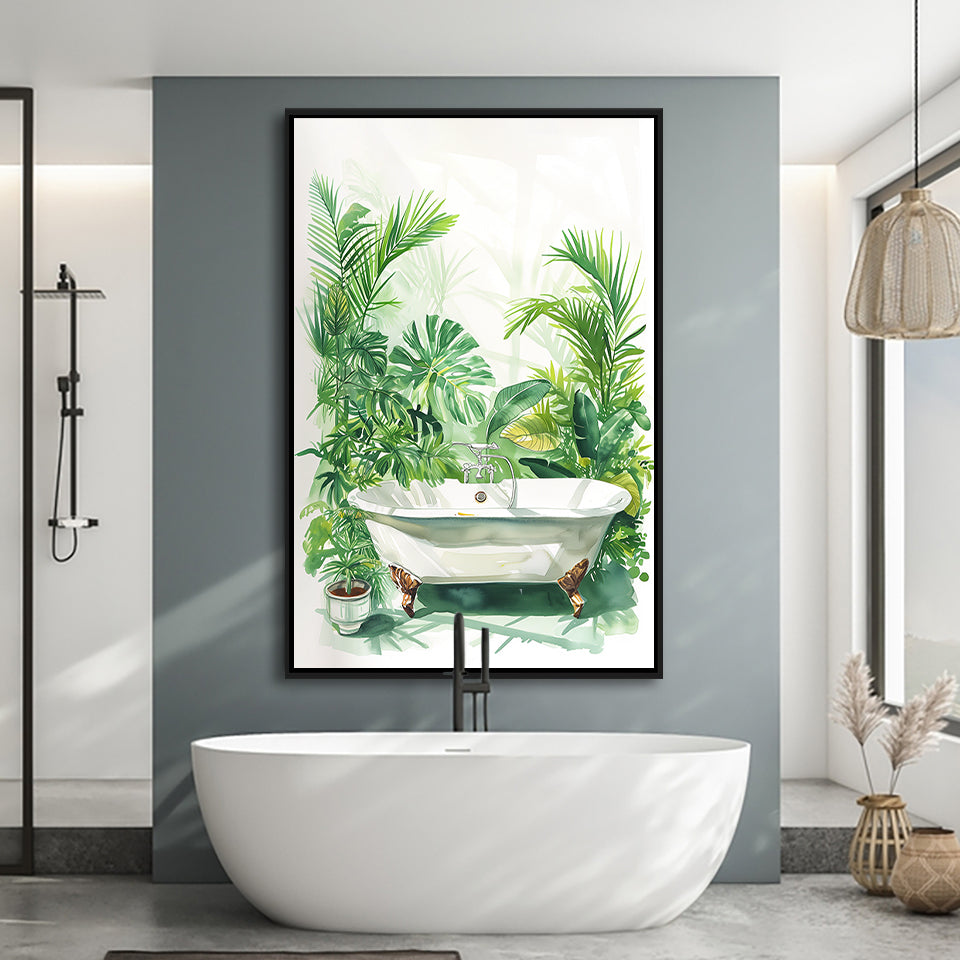Botanical Green Tropical Leave Framed Canvas Prints Wall Art, Bathroom Framed Art Decor