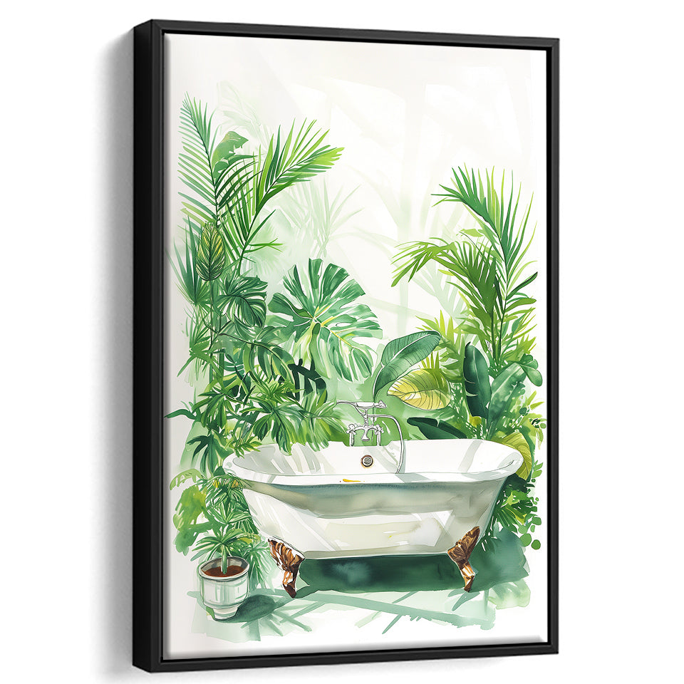 Botanical Green Tropical Leave Framed Canvas Prints Wall Art, Bathroom Framed Art Decor