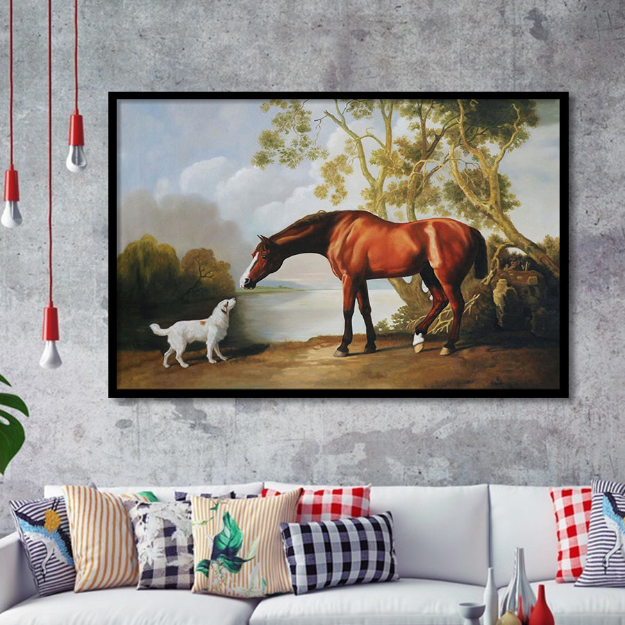 Bay Horse And White Dog Friends Animal Landscape Lake Painting By George Stubbs, Framed Art Print Wall Decor, Framed Picture