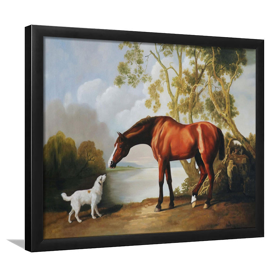 Bay Horse And White Dog Friends Animal Landscape Lake Painting By George Stubbs, Framed Art Print Wall Decor, Framed Picture