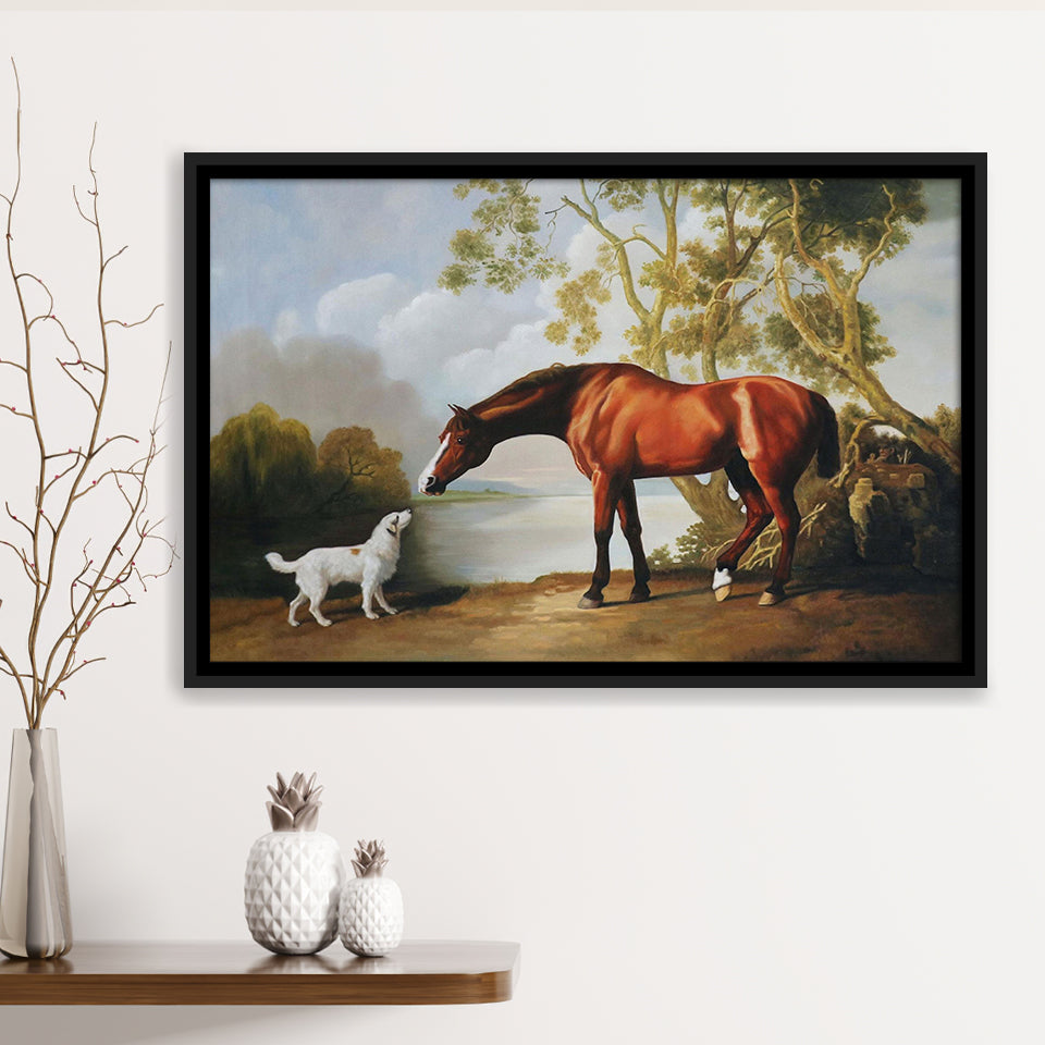 Bay Horse And White Dog Friends Animal Landscape Lake Painting By George Stubbs, Framed Canvas Print Wall Art Decor