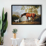 Bay Horse And White Dog Friends Animal Landscape Lake Painting By George Stubbs, Framed Canvas Print Wall Art Decor