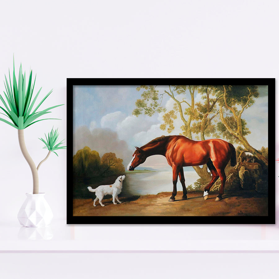 Bay Horse And White Dog Friends Animal Landscape Lake Painting By George Stubbs, Framed Art Print Wall Decor, Framed Picture