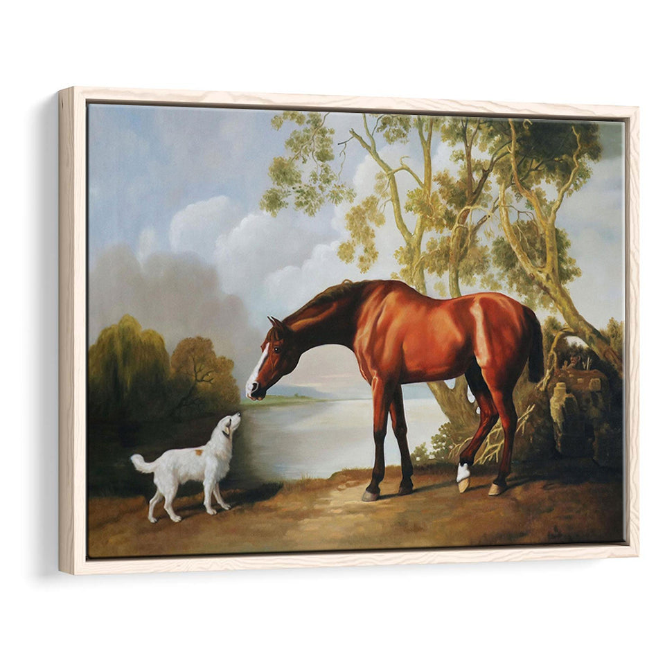 Bay Horse And White Dog Friends Animal Landscape Lake Painting By George Stubbs, Framed Canvas Print Wall Art Decor