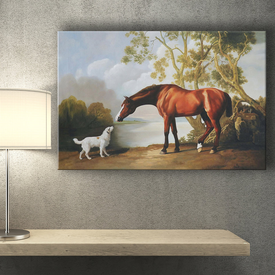 Bay Horse And White Dog Friends Animal Landscape Lake Painting by George Stubbs, Canvas Print Wall Art Decor, Landscape Print