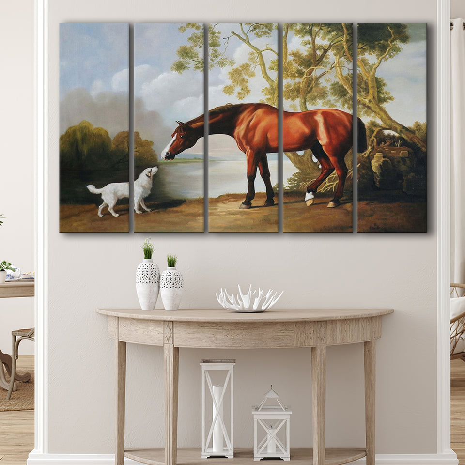 Bay Horse And White Dog Friends Animal Landscape Lake Painting By George Stubbs, Extra Large Multi 5 Panel Canvas Print Wall Art Decor