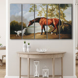 Bay Horse And White Dog Friends Animal Landscape Lake Painting By George Stubbs, Extra Large Multi 5 Panel Canvas Print Wall Art Decor
