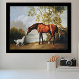Bay Horse And White Dog Friends Animal Landscape Lake Painting By George Stubbs, Framed Art Print Wall Decor, Framed Picture