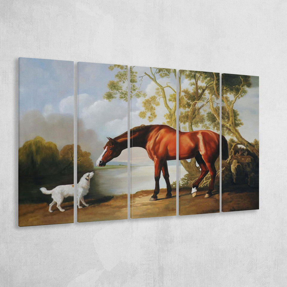 Bay Horse And White Dog Friends Animal Landscape Lake Painting By George Stubbs, Extra Large Multi 5 Panel Canvas Print Wall Art Decor