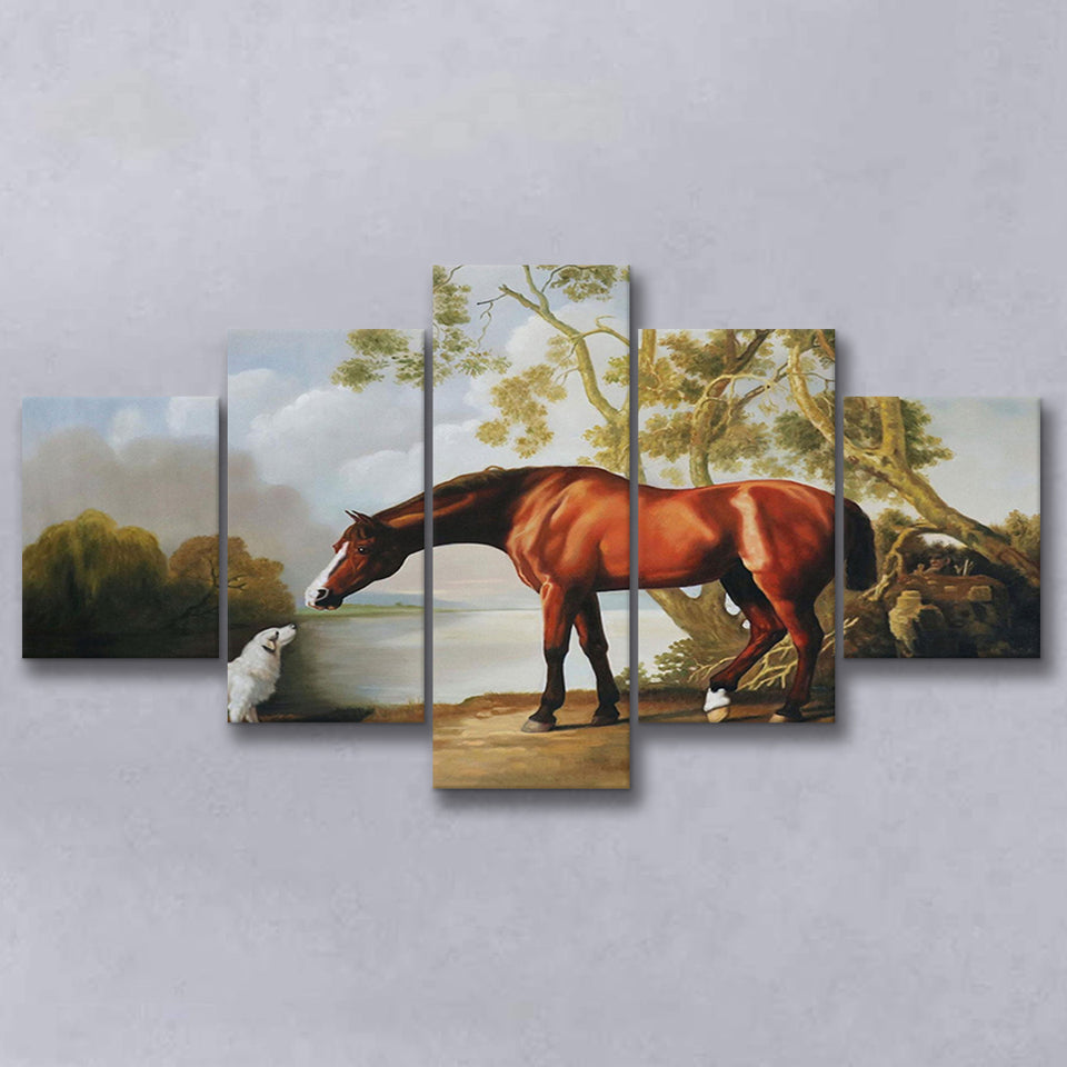 Bay Horse And White Dog Friends Animal Landscape Lake Painting By George Stubbs, Multi Panel Canvas Print Wall Art Decor