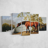 Bay Horse And White Dog Friends Animal Landscape Lake Painting By George Stubbs, Multi Panel Canvas Print Wall Art Decor