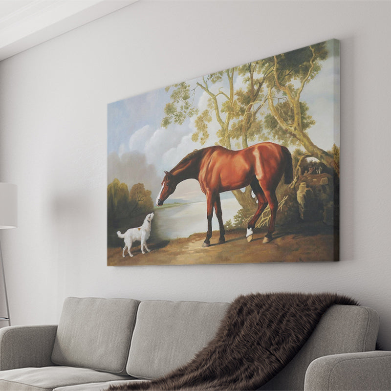 Bay Horse And White Dog Friends Animal Landscape Lake Painting by George Stubbs, Canvas Print Wall Art Decor, Landscape Print