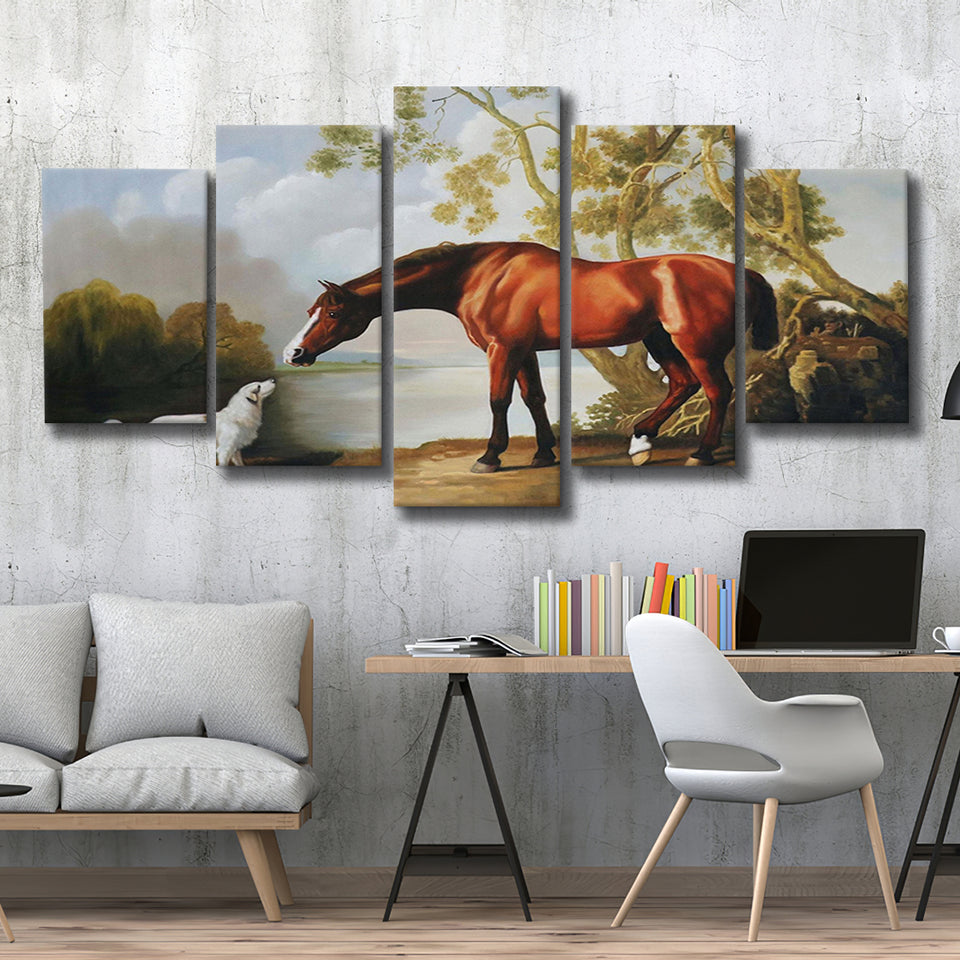 Bay Horse And White Dog Friends Animal Landscape Lake Painting By George Stubbs, Multi Panel Canvas Print Wall Art Decor