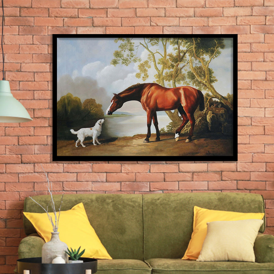 Bay Horse And White Dog Friends Animal Landscape Lake Painting By George Stubbs, Framed Art Print Wall Decor, Framed Picture