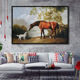 Bay Horse And White Dog Friends Animal Landscape Lake Painting By George Stubbs, Framed Canvas Print Wall Art Decor