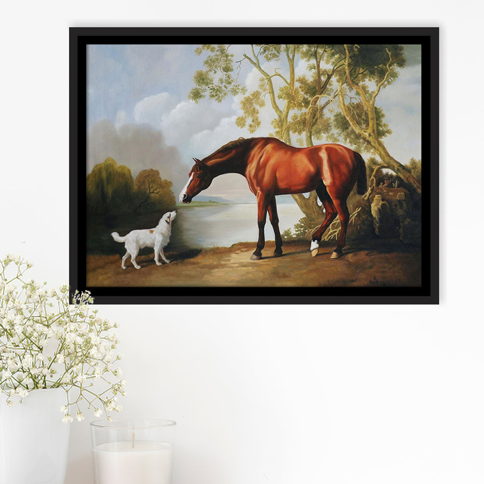 Bay Horse And White Dog Friends Animal Landscape Lake Painting By George Stubbs, Framed Canvas Print Wall Art Decor