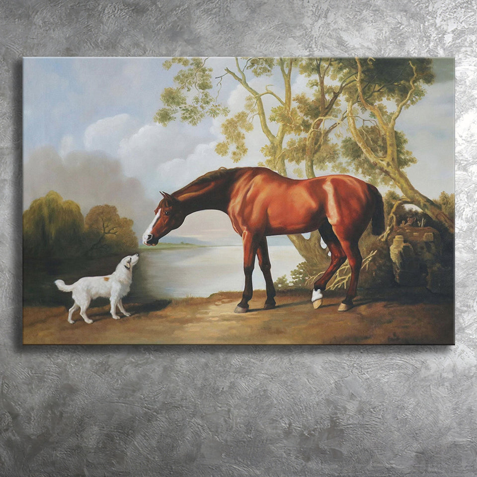 Bay Horse And White Dog Friends Animal Landscape Lake Painting by George Stubbs, Canvas Print Wall Art Decor, Landscape Print