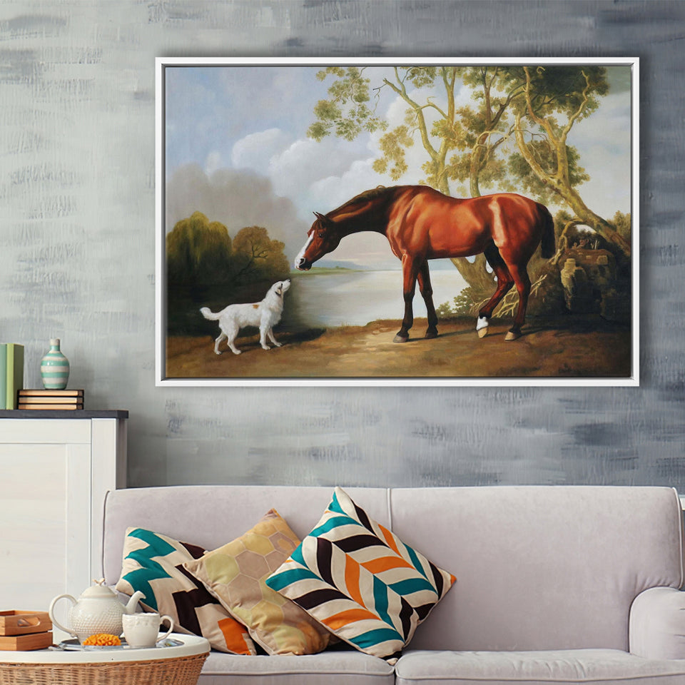 Bay Horse And White Dog Friends Animal Landscape Lake Painting By George Stubbs, Framed Canvas Print Wall Art Decor
