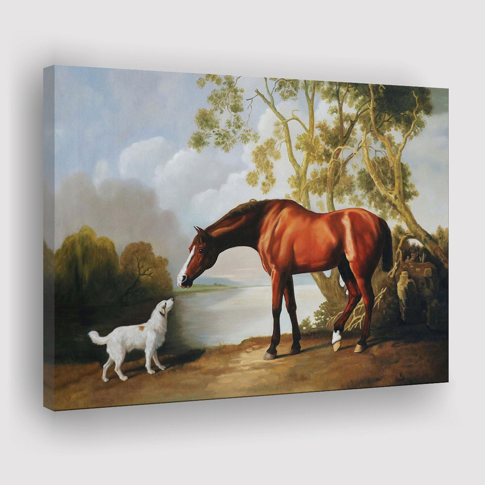 Bay Horse And White Dog Friends Animal Landscape Lake Painting by George Stubbs, Canvas Print Wall Art Decor, Landscape Print