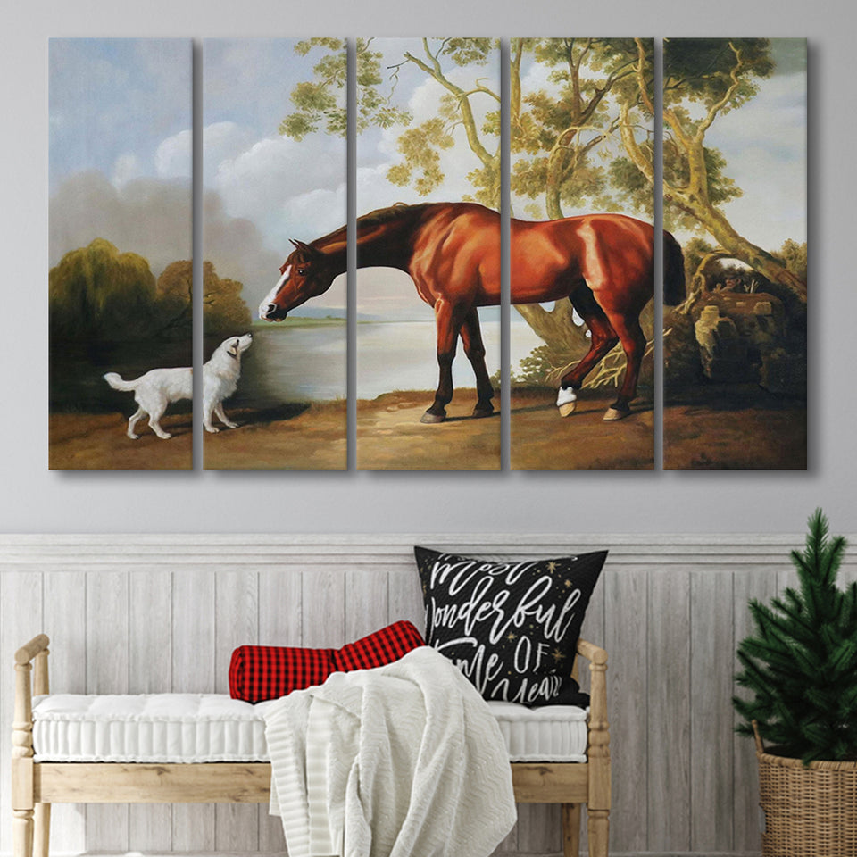 Bay Horse And White Dog Friends Animal Landscape Lake Painting By George Stubbs, Extra Large Multi 5 Panel Canvas Print Wall Art Decor