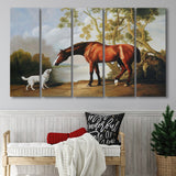 Bay Horse And White Dog Friends Animal Landscape Lake Painting By George Stubbs, Extra Large Multi 5 Panel Canvas Print Wall Art Decor
