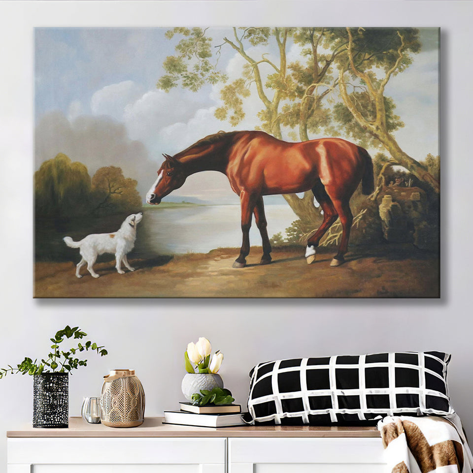 Bay Horse And White Dog Friends Animal Landscape Lake Painting by George Stubbs, Canvas Print Wall Art Decor, Landscape Print