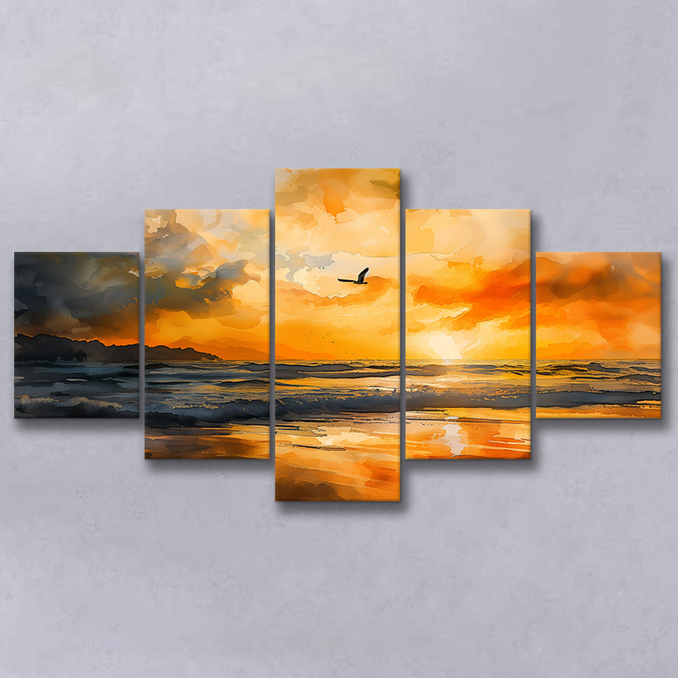 Beach Sunrise With A Bird Fly On The Sky V1, 5 Panels Mixed Large Canvas, Canvas Prints Wall Art Decor