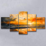 Beach Sunrise With A Bird Fly On The Sky V1, 5 Panels Mixed Large Canvas, Canvas Prints Wall Art Decor