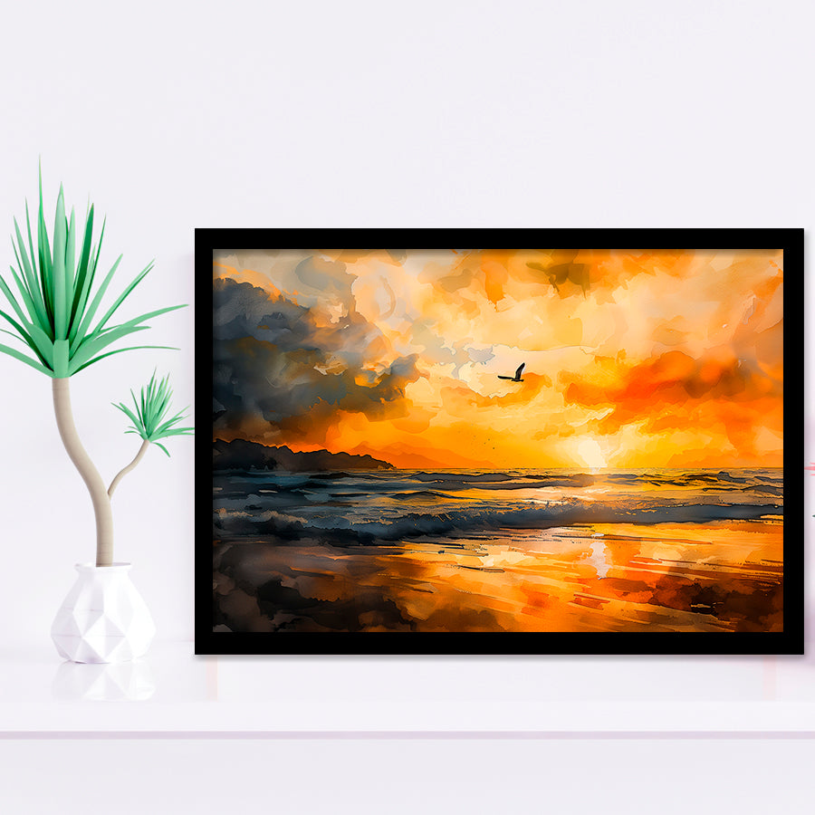 Beach Sunrise With A Bird Fly On The Sky V1, Framed Art Print Wall Decor, Framed Picture