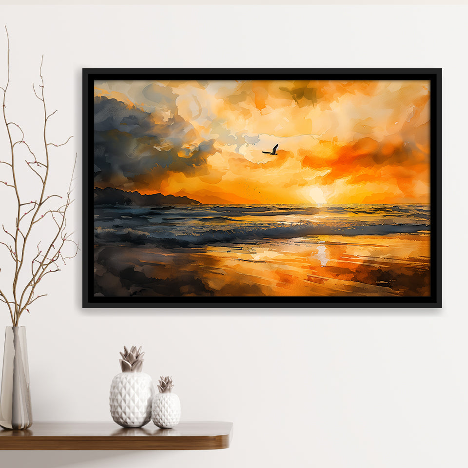 Beach Sunrise With A Bird Fly On The Sky V1, Framed Canvas Painting, Framed Canvas Prints Wall Art Decor