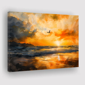 Beach Sunrise With A Bird Fly On The Sky Orange And V1, Canvas Painting, Canvas Prints Wall Art Decor