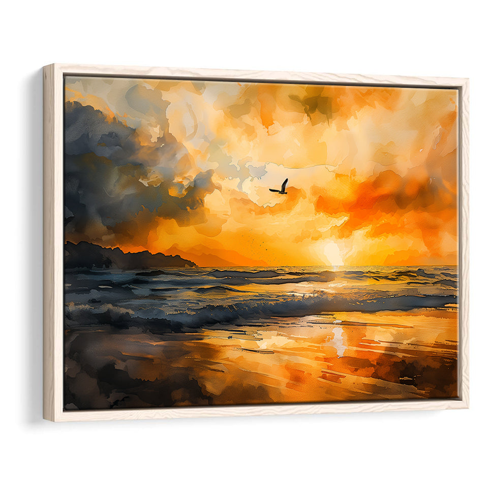 Beach Sunrise With A Bird Fly On The Sky V1, Framed Canvas Painting, Framed Canvas Prints Wall Art Decor