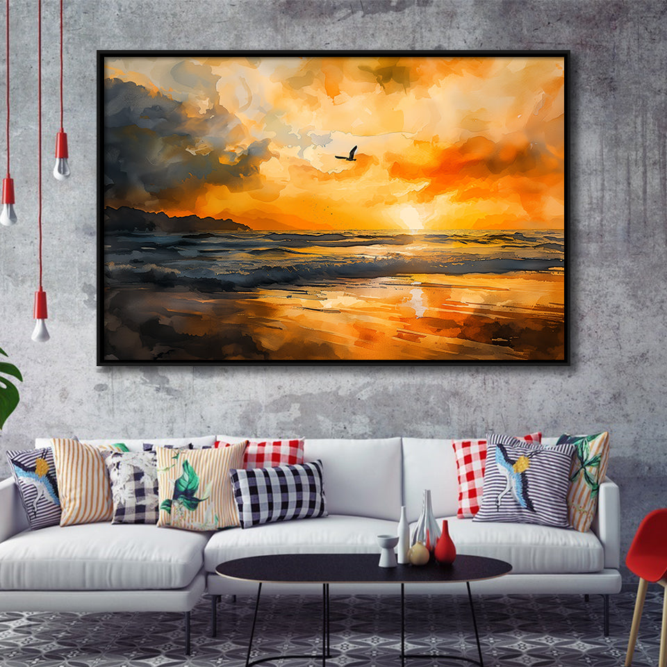 Beach Sunrise With A Bird Fly On The Sky V1, Framed Canvas Painting, Framed Canvas Prints Wall Art Decor