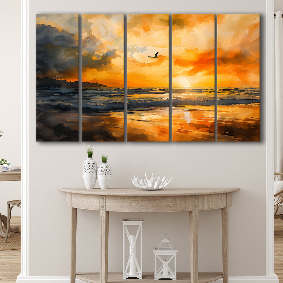 Beach Sunrise With A Bird Fly On The Sky V1, 5 Panels Extra Large Canvas, Canvas Prints Wall Art Decor