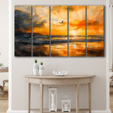 Beach Sunrise With A Bird Fly On The Sky V1, 5 Panels Extra Large Canvas, Canvas Prints Wall Art Decor