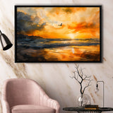 Beach Sunrise With A Bird Fly On The Sky V1, Framed Canvas Painting, Framed Canvas Prints Wall Art Decor
