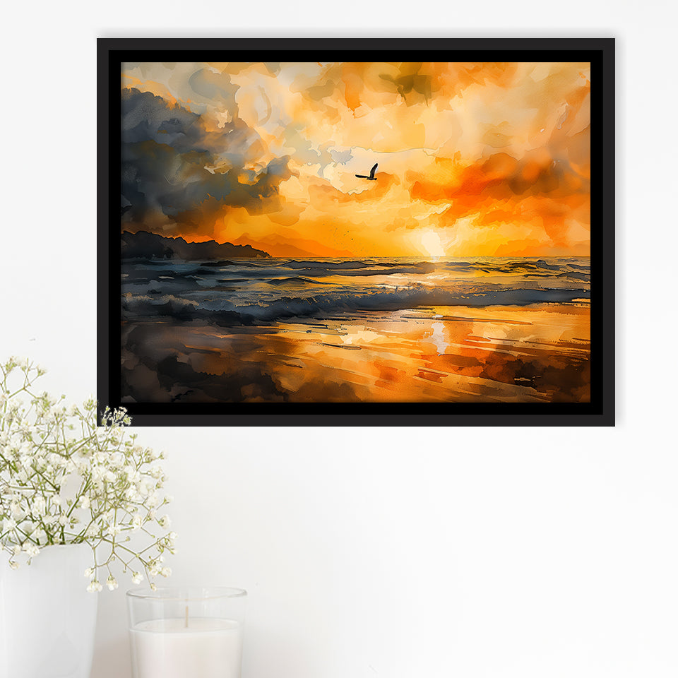 Beach Sunrise With A Bird Fly On The Sky V1, Framed Canvas Painting, Framed Canvas Prints Wall Art Decor