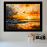Beach Sunrise With A Bird Fly On The Sky V1, Framed Art Print Wall Decor, Framed Picture