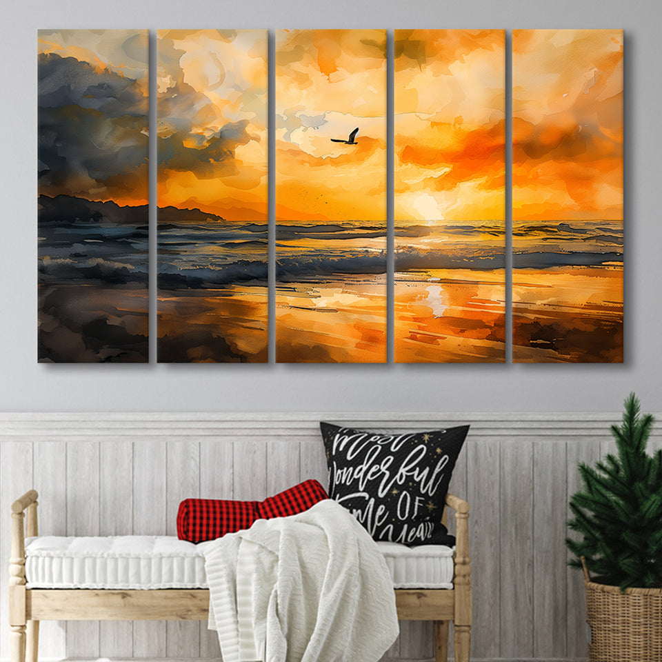 Beach Sunrise With A Bird Fly On The Sky V1, 5 Panels Extra Large Canvas, Canvas Prints Wall Art Decor