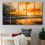 Beach Sunrise With A Bird Fly On The Sky V1, 5 Panels Extra Large Canvas, Canvas Prints Wall Art Decor