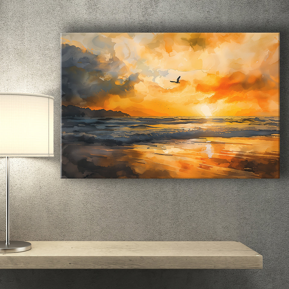 Beach Sunrise With A Bird Fly On The Sky Orange And V1, Canvas Painting, Canvas Prints Wall Art Decor
